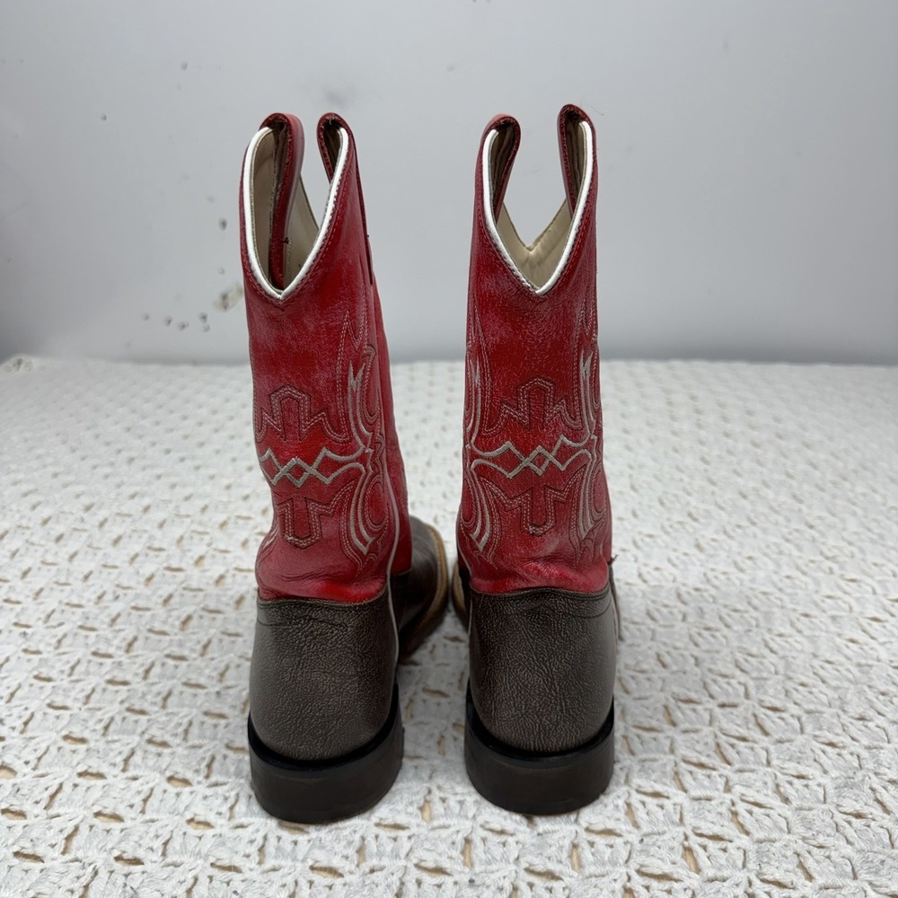 Old West Red Leather Broad Square Toe Boot Kids Boys Size 4 D Red Brown BSY1913 - Picture 3 of 11